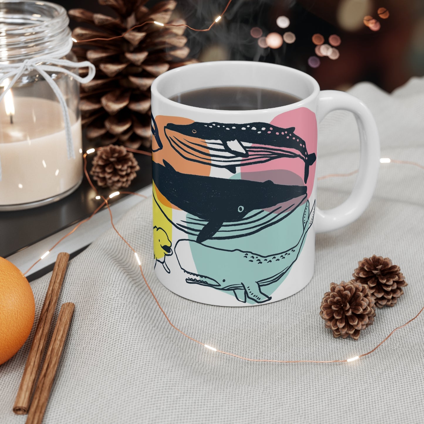 Whale Friends 11oz Ceramic Mug — Colorful Marine Mammal Coffee Cup