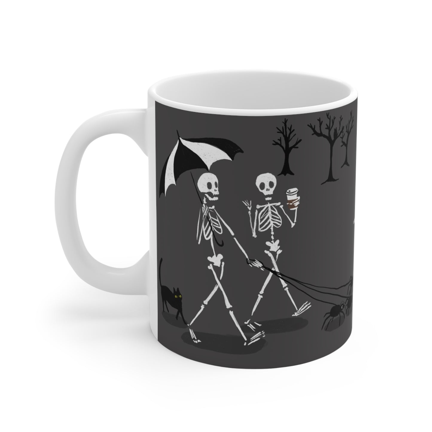 Ceramic mug featuring skeletons walking through a park and feeding birds in a whimsical autumn illustration.