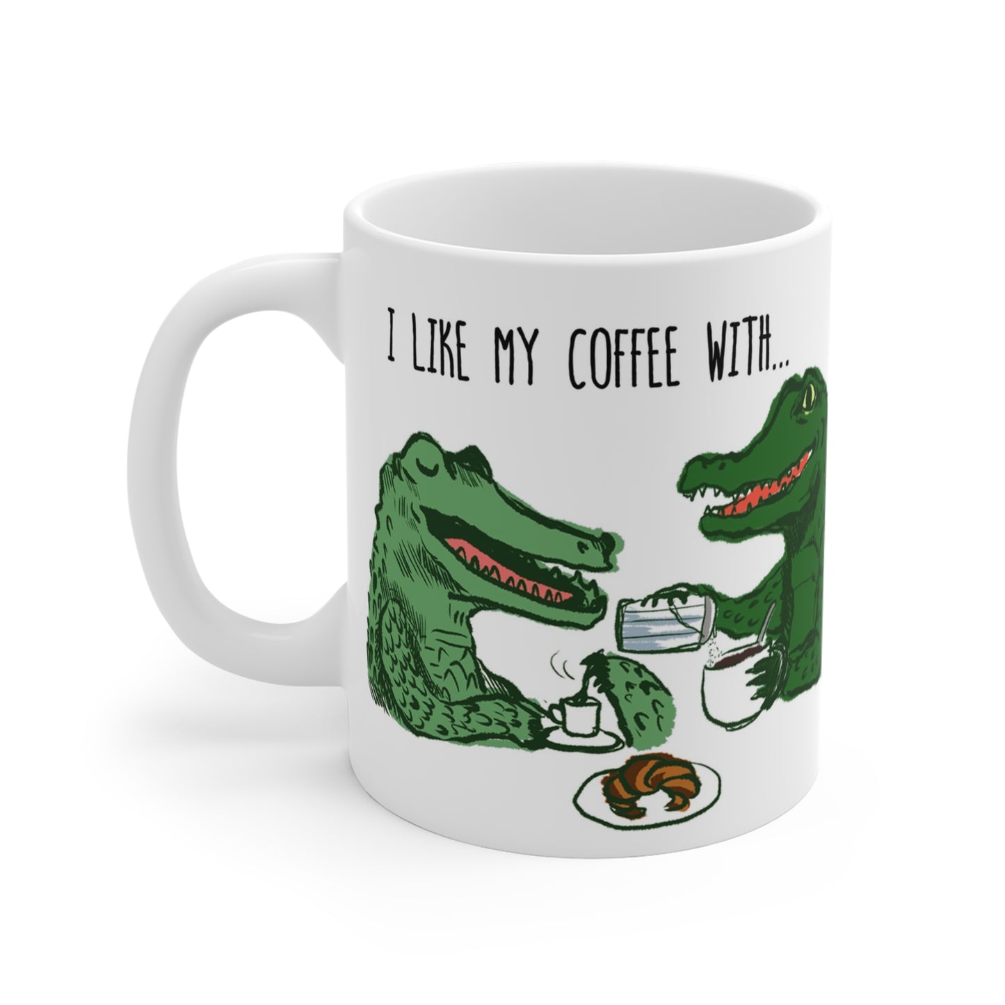 Whimsical alligator illustration on ceramic mug featuring two alligators enjoying breakfast with coffee and donuts.