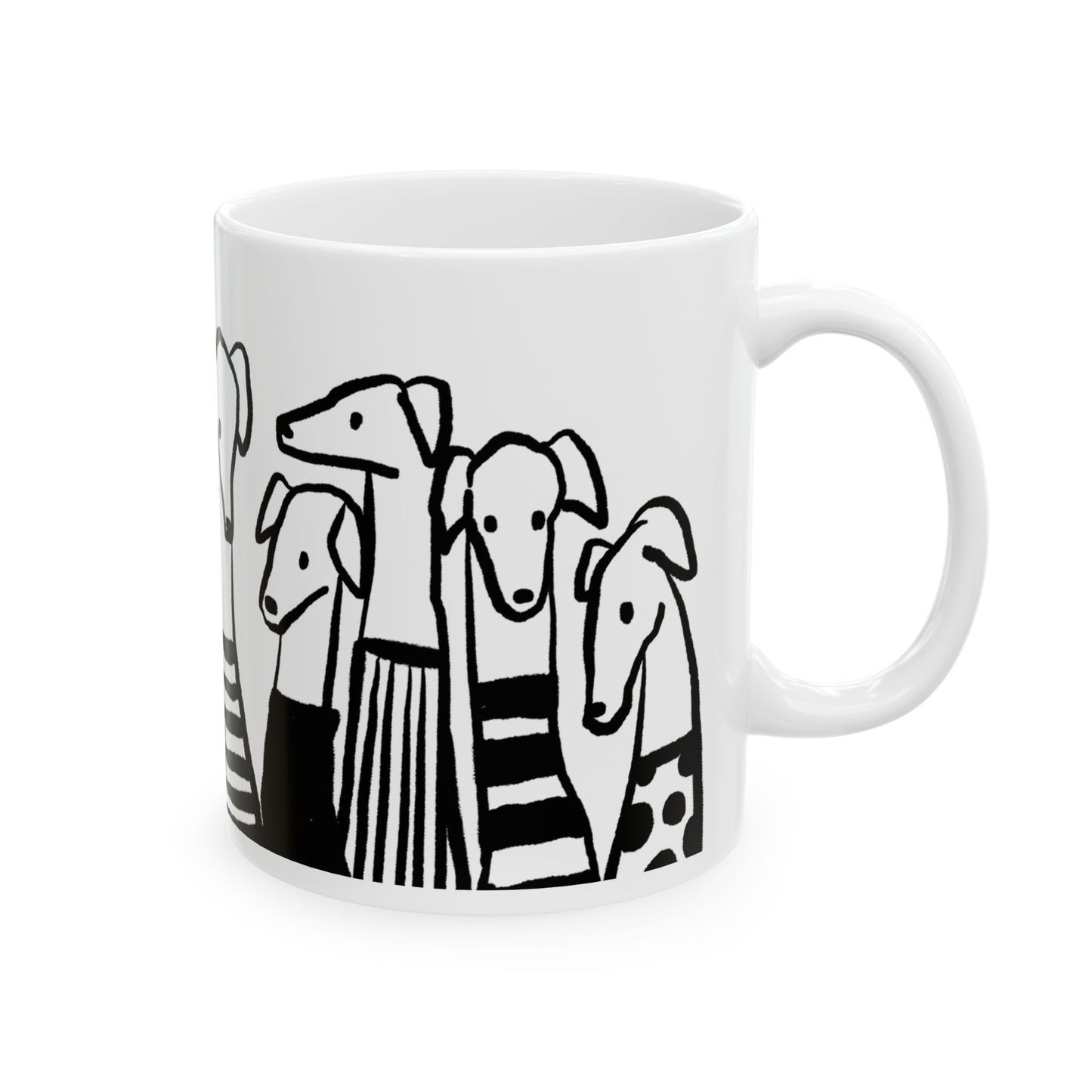 Ceramic mug with whimsical black-and-white greyhound illustrations, dog lover gift