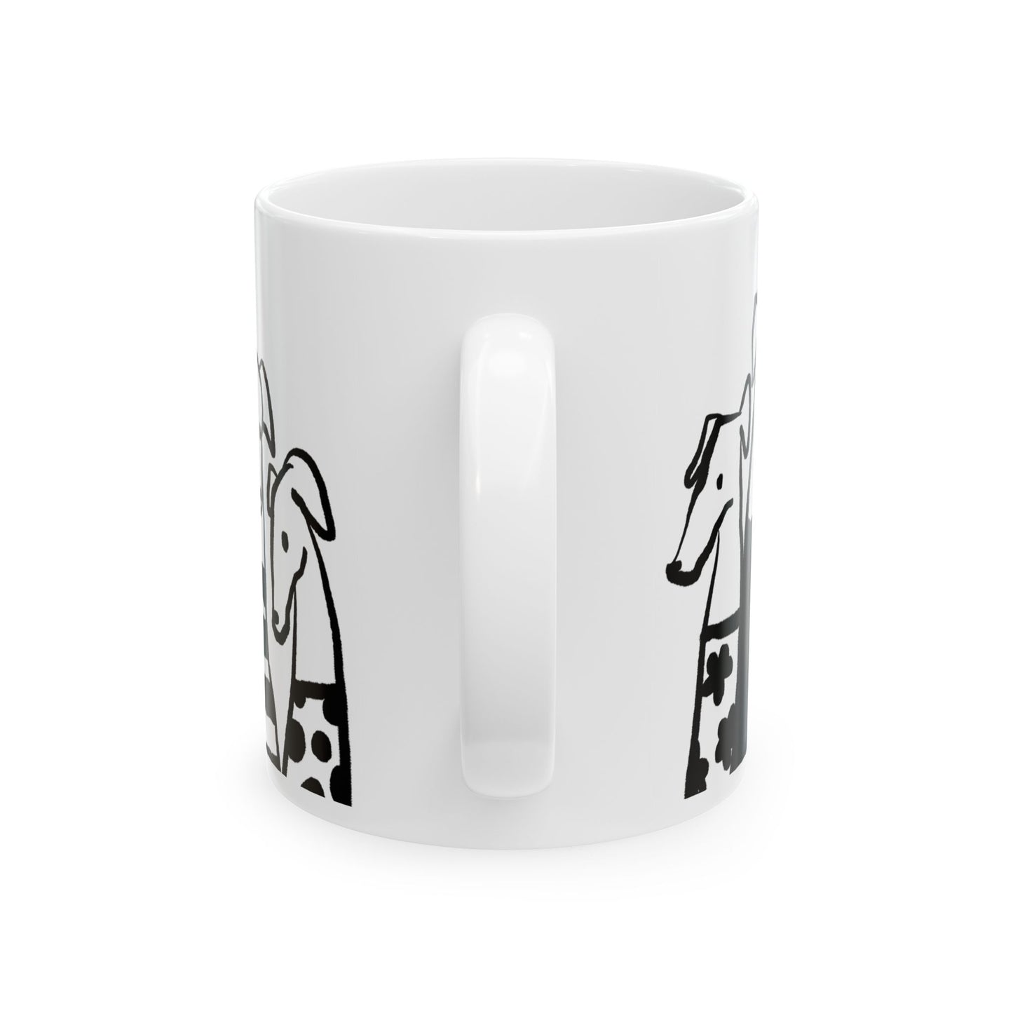 Ceramic mug with whimsical black-and-white greyhound illustrations, dog lover gift