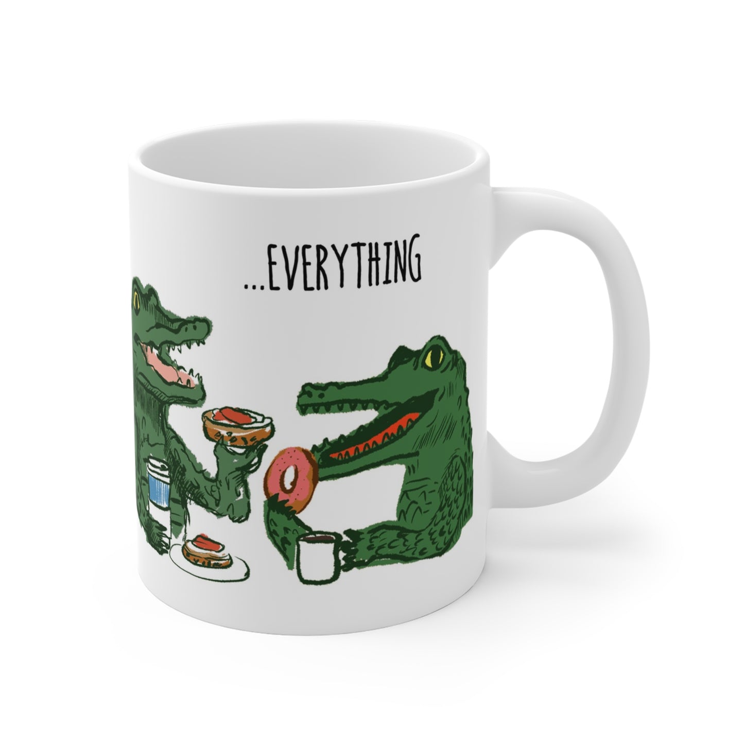 Whimsical alligator illustration on ceramic mug featuring two alligators enjoying breakfast with coffee and donuts.
