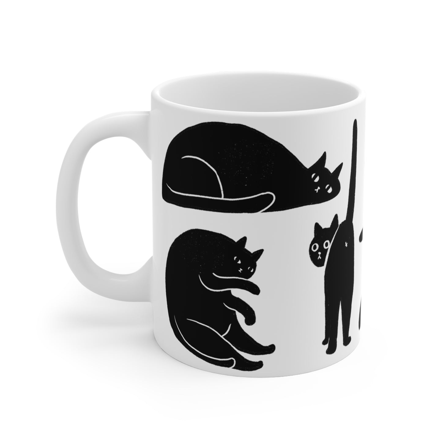 Black and white ceramic mug featuring illustrated black cats in various playful poses.