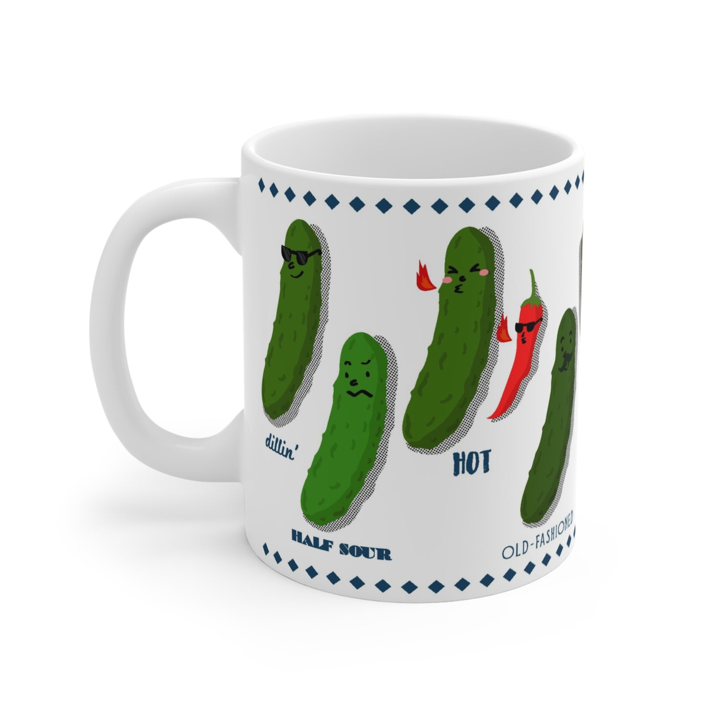 Ceramic mug with illustrated pickles showing sweet, sour, and bread-and-butter varieties, playful food art design
