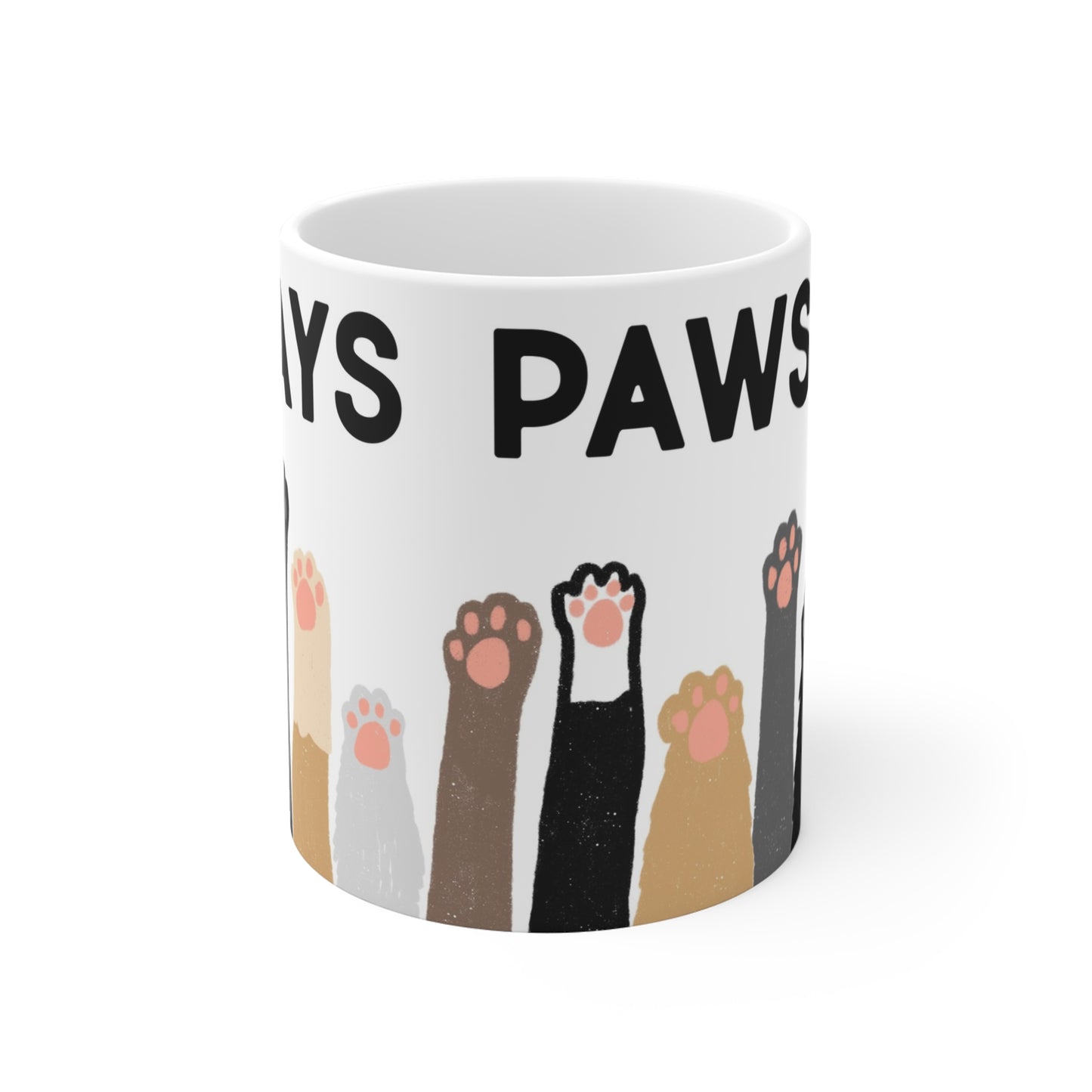 White ceramic mug with illustrated cat paws in various colors and the phrase “Always Pawsitive” around the top.
