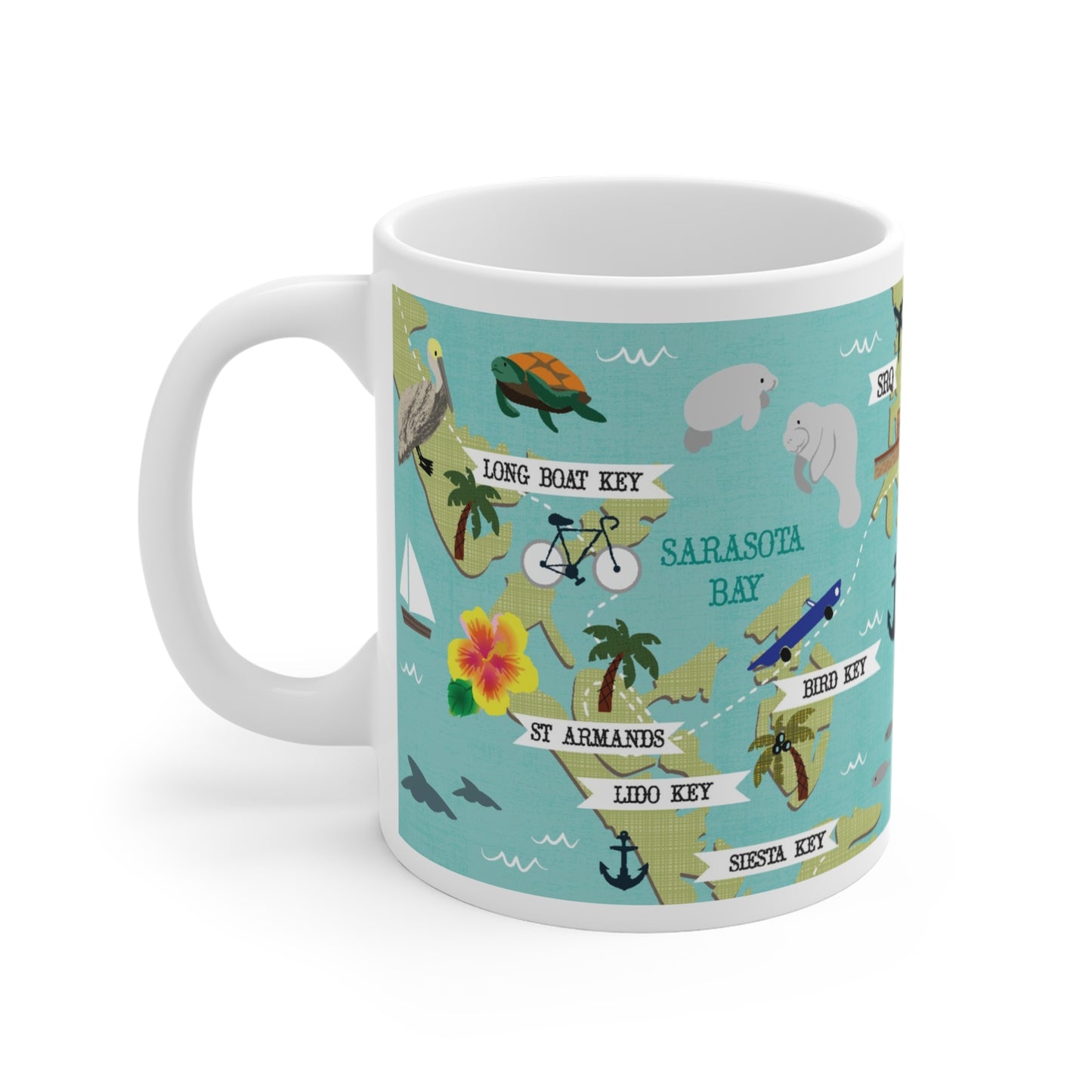 Illustrated Sarasota Florida ceramic mug with coastal icons and city landmarks