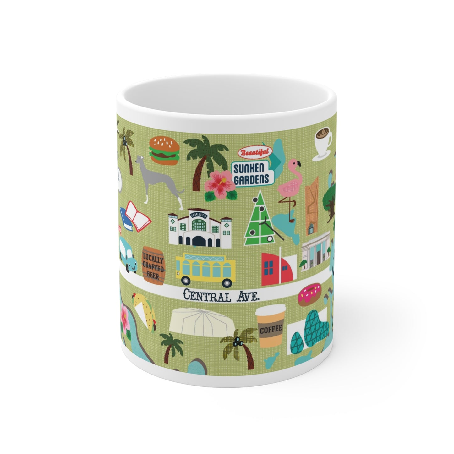 Colorful ceramic mug featuring illustrated St. Petersburg Florida landmarks and coastal design.