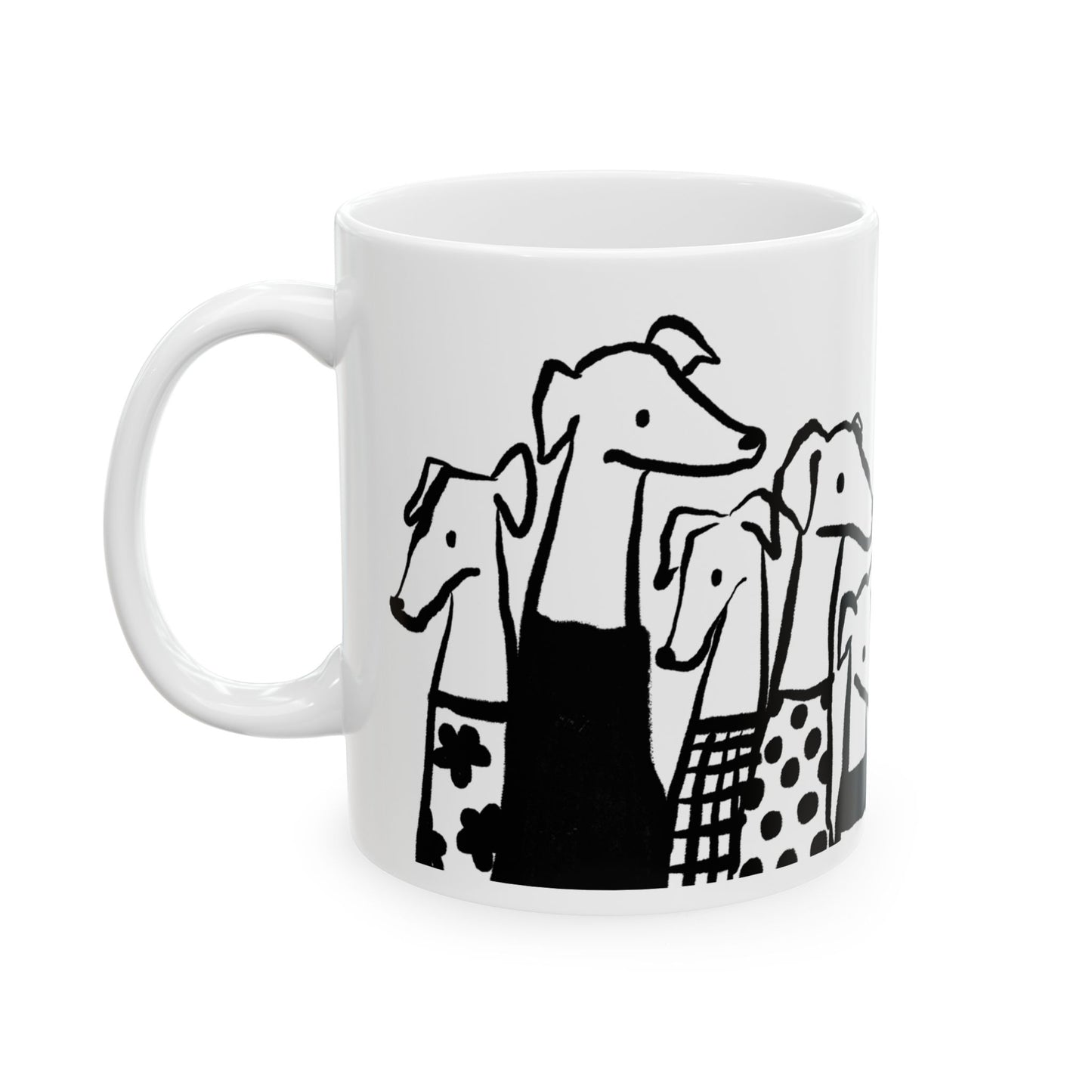 Ceramic mug with whimsical black-and-white greyhound illustrations, dog lover gift