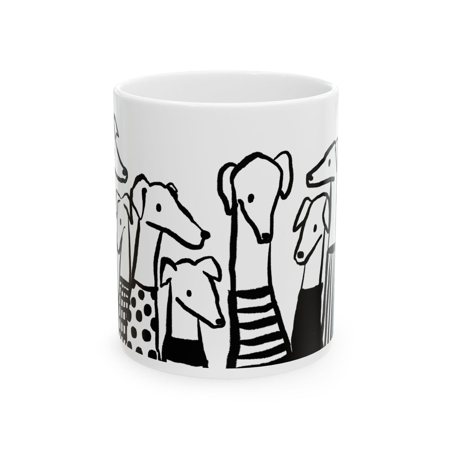 Ceramic mug with whimsical black-and-white greyhound illustrations, dog lover gift