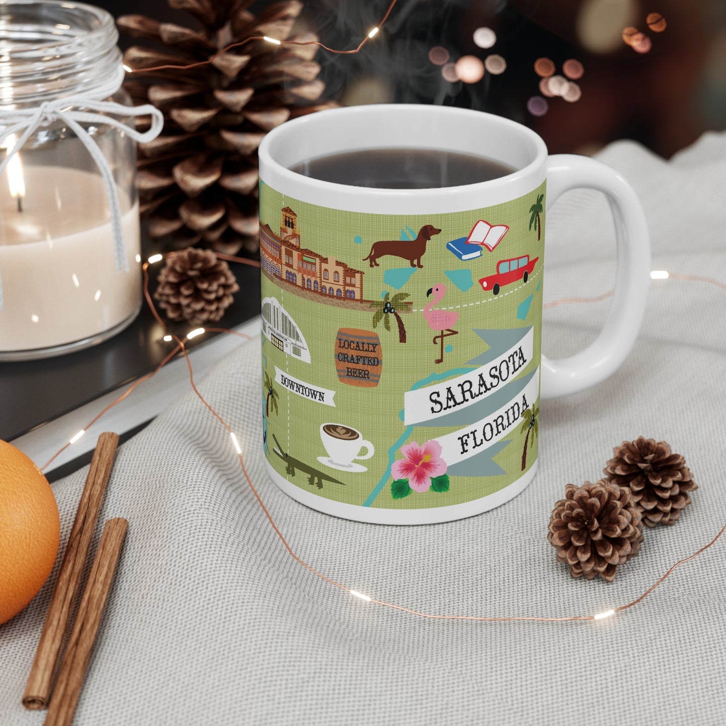 Illustrated Sarasota Florida ceramic mug with coastal icons and city landmarks