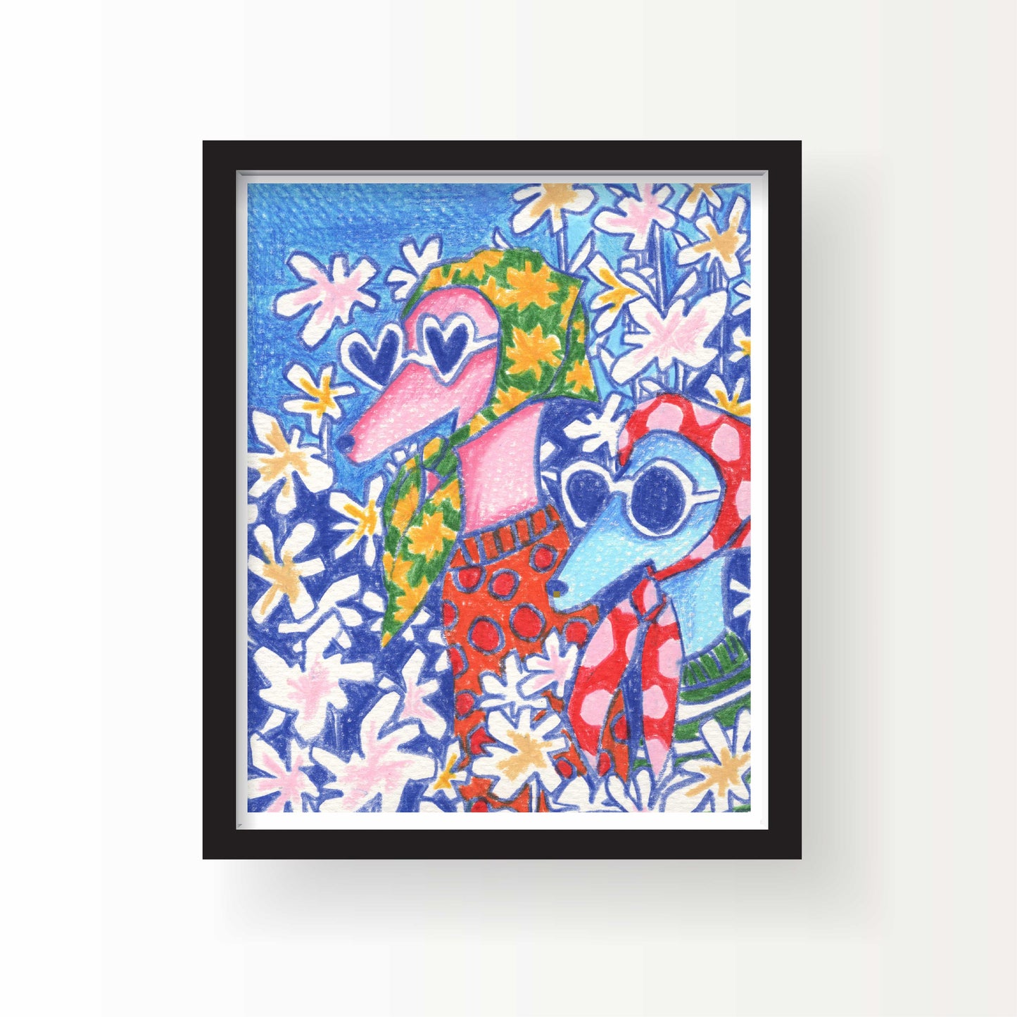 Colorful art print of two fashionably dressed dogs wearing heart-shaped sunglasses and patterned scarves, surrounded by stylized white and yellow flowers.