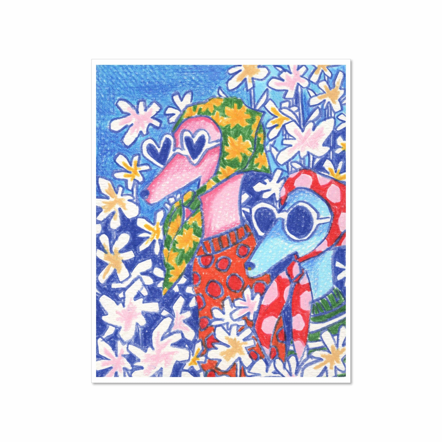 Colorful art print of two fashionably dressed dogs wearing heart-shaped sunglasses and patterned scarves, surrounded by stylized white and yellow flowers.