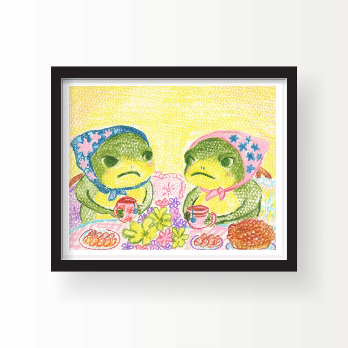 Illustration of two grumpy green frogs wearing headscarves, sitting at a floral table with snacks and tea, drawn in colored pencil with a yellow background.