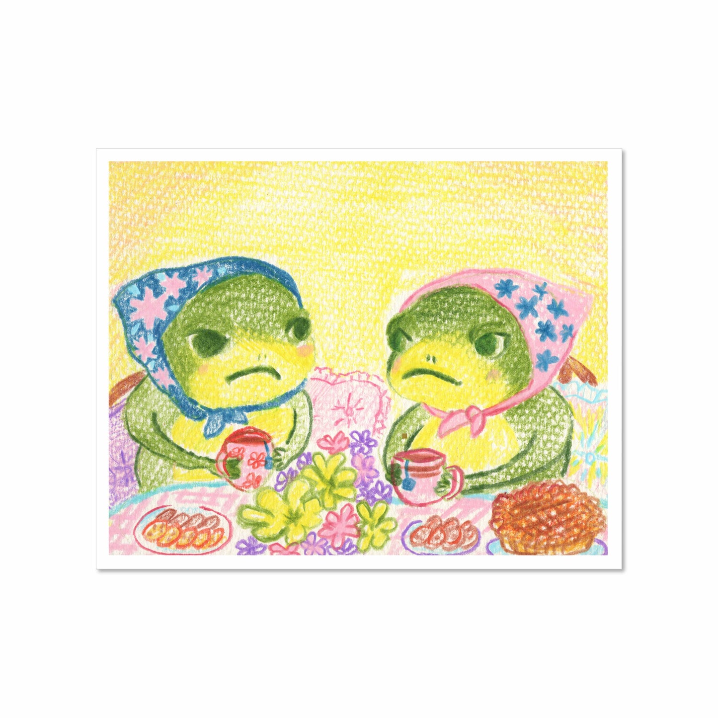 Illustration of two grumpy green frogs wearing headscarves, sitting at a floral table with snacks and tea, drawn in colored pencil with a yellow background.