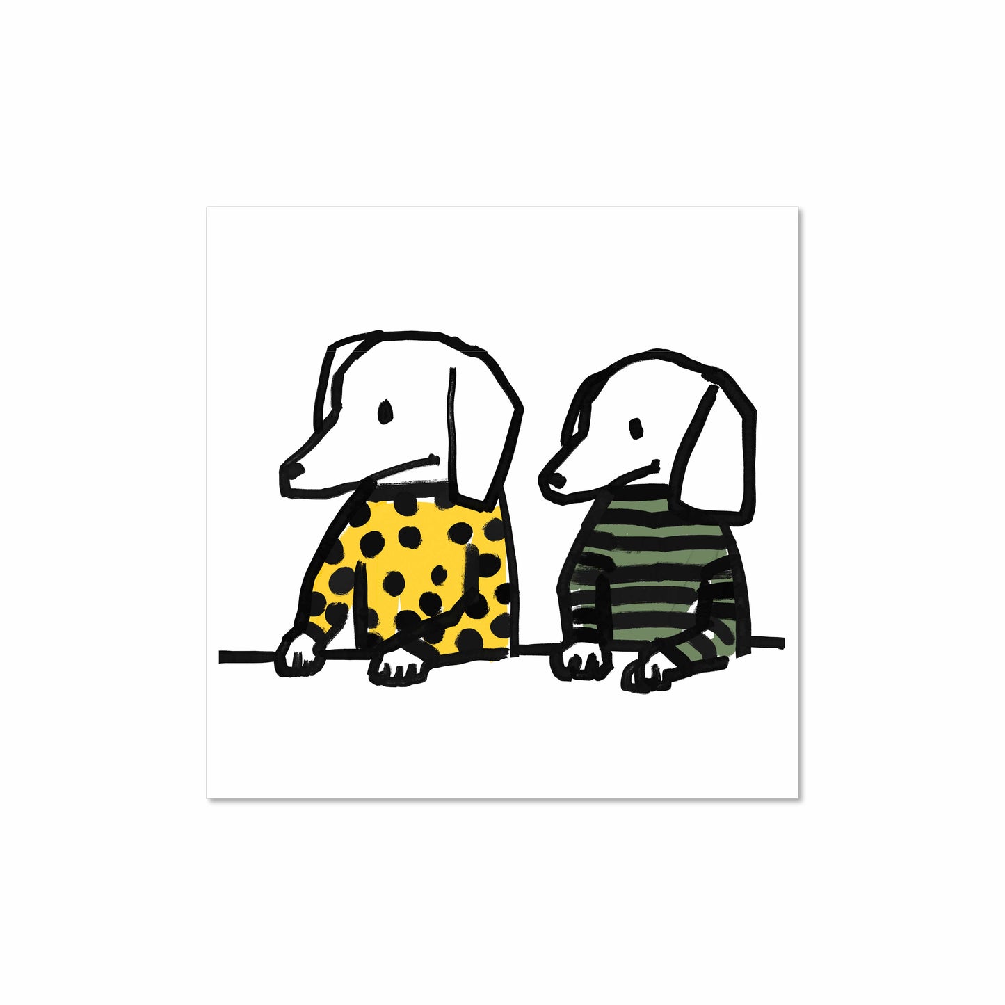 Illustrated art print of two white dogs sitting side by side in a yellow polka-dot sweater and green striped sweater, 8x8 by Miss Johnny Squirrel