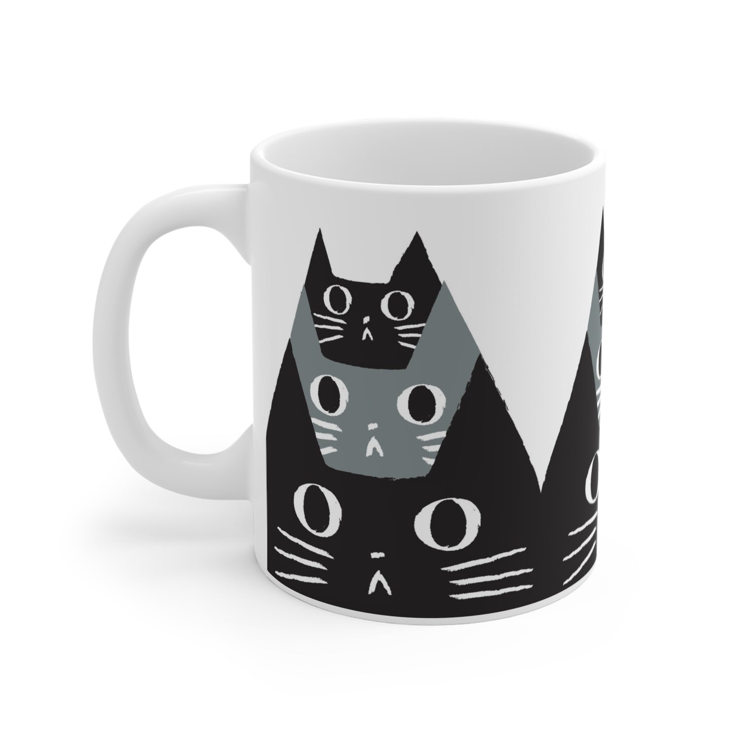 Ceramic mug featuring a pattern of black and gray cat faces with wide eyes, modern minimalist cat illustration