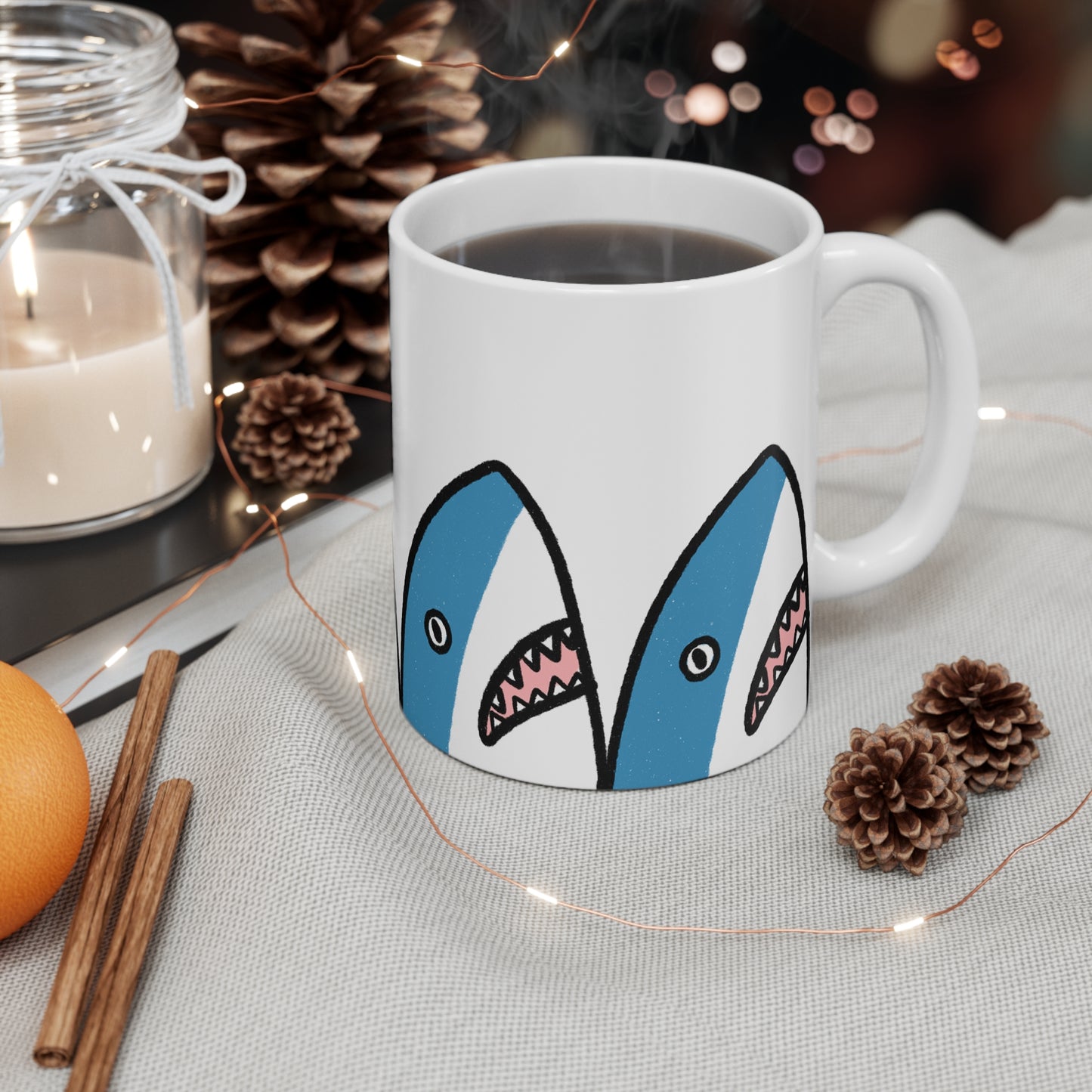 Shark Duo 11oz Coffee Mug — Cute Cartoon Shark Pattern