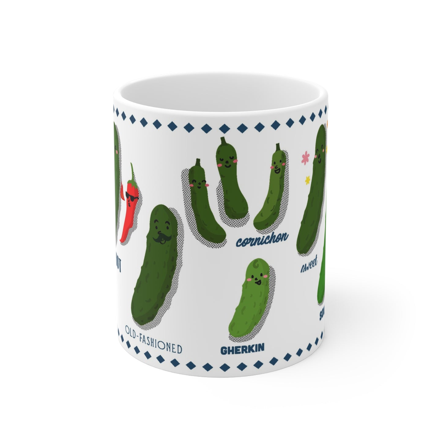 Ceramic mug with illustrated pickles showing sweet, sour, and bread-and-butter varieties, playful food art design
