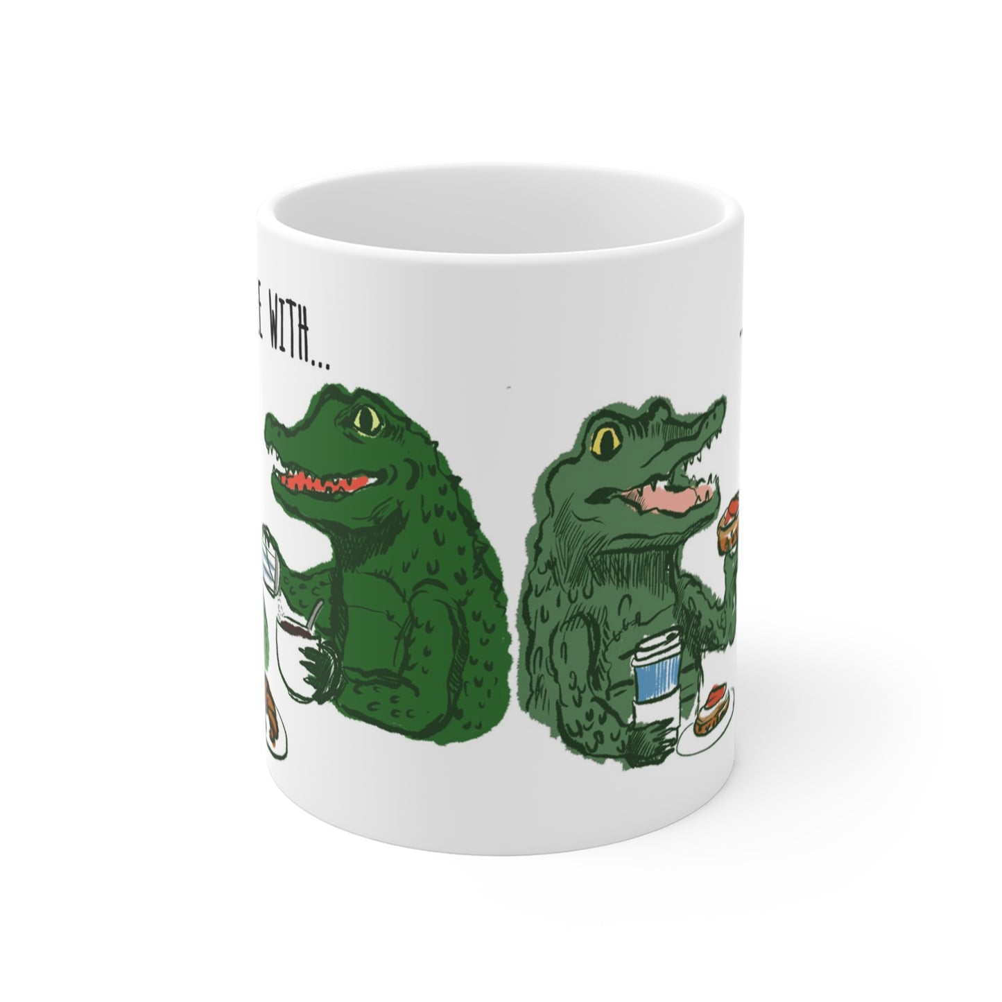 Whimsical alligator illustration on ceramic mug featuring two alligators enjoying breakfast with coffee and donuts.
