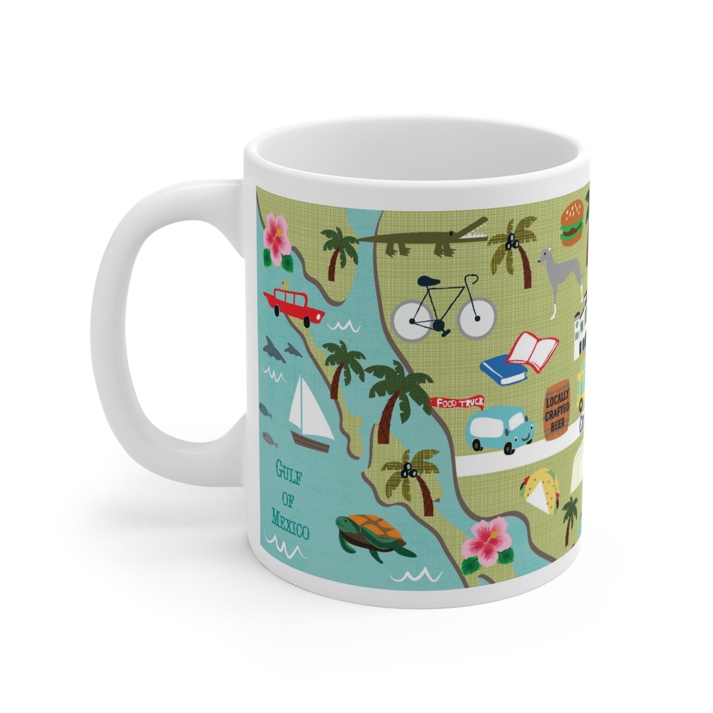 Colorful ceramic mug featuring illustrated St. Petersburg Florida landmarks and coastal design.