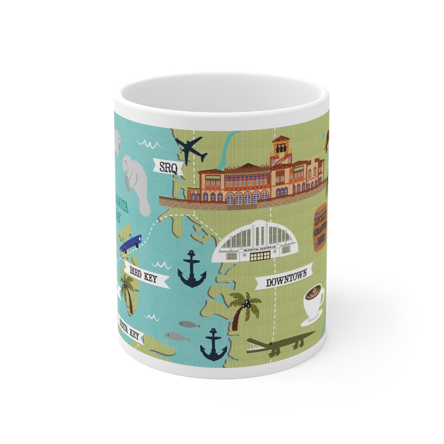 Illustrated Sarasota Florida ceramic mug with coastal icons and city landmarks