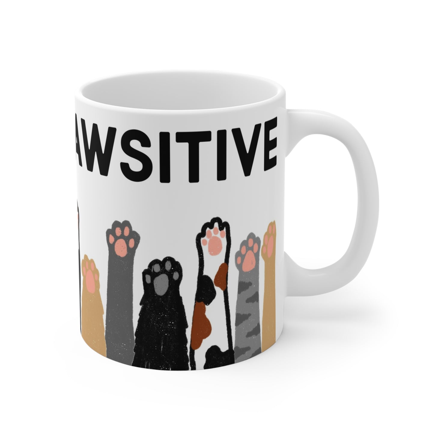 White ceramic mug with illustrated cat paws in various colors and the phrase “Always Pawsitive” around the top.