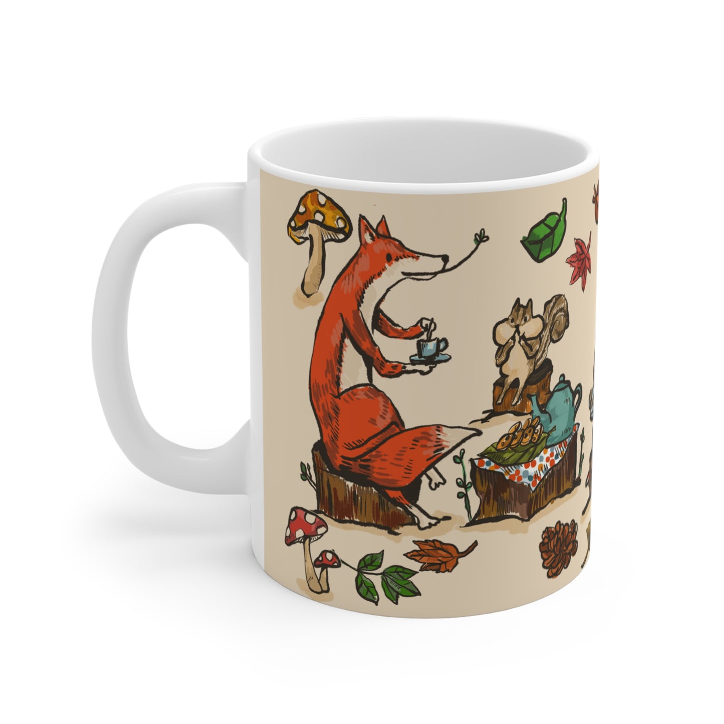 Ceramic mug featuring a whimsical woodland tea party with a fox, rabbit, squirrels, and hedgehogs surrounded by mushrooms, leaves, and books.