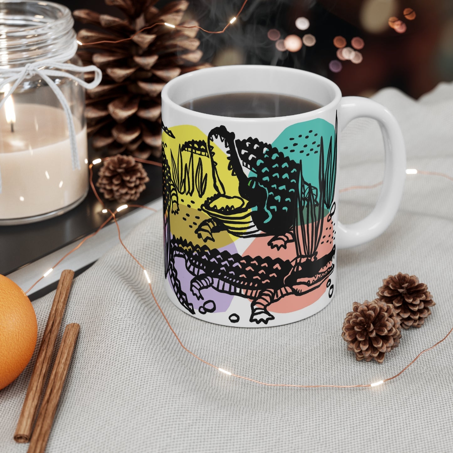 Vibrant ceramic mug featuring whimsical alligator illustration with colorful retro-style swamp design.