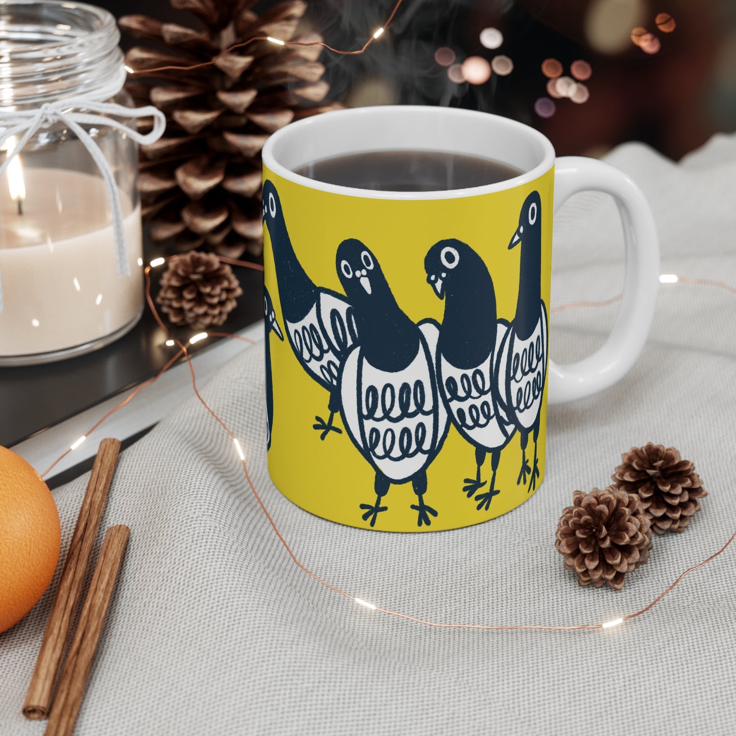 Pigeon Squad 11oz Ceramic Mug — Playful Yellow Bird Design