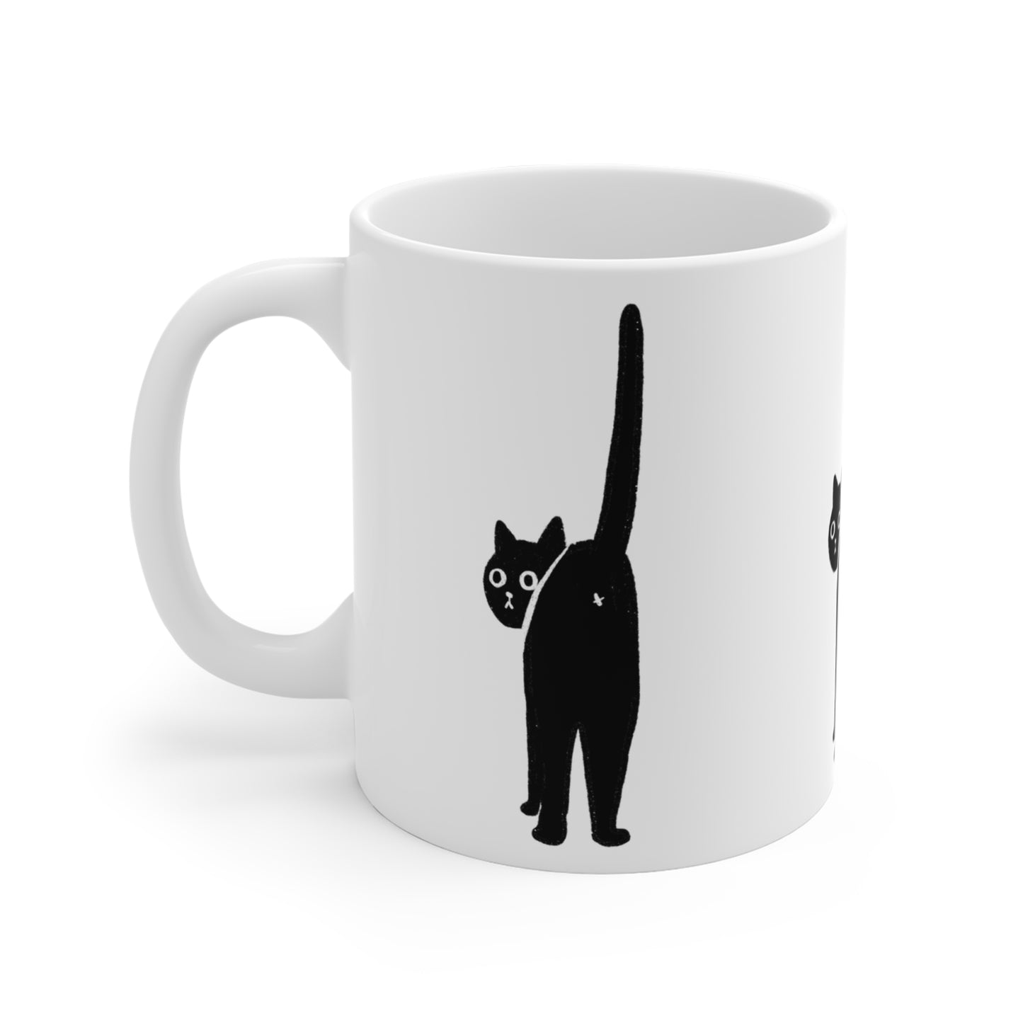 White ceramic mug with a minimalist black cat illustration facing backward with its tail raised.