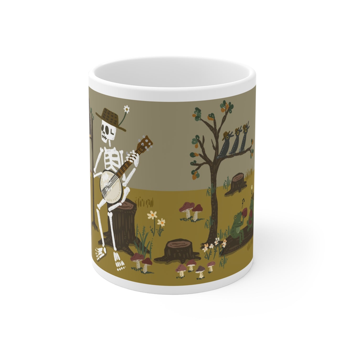 Illustrated ceramic mug with skeleton playing banjo, frogs, cat, and owls in a forest band scene