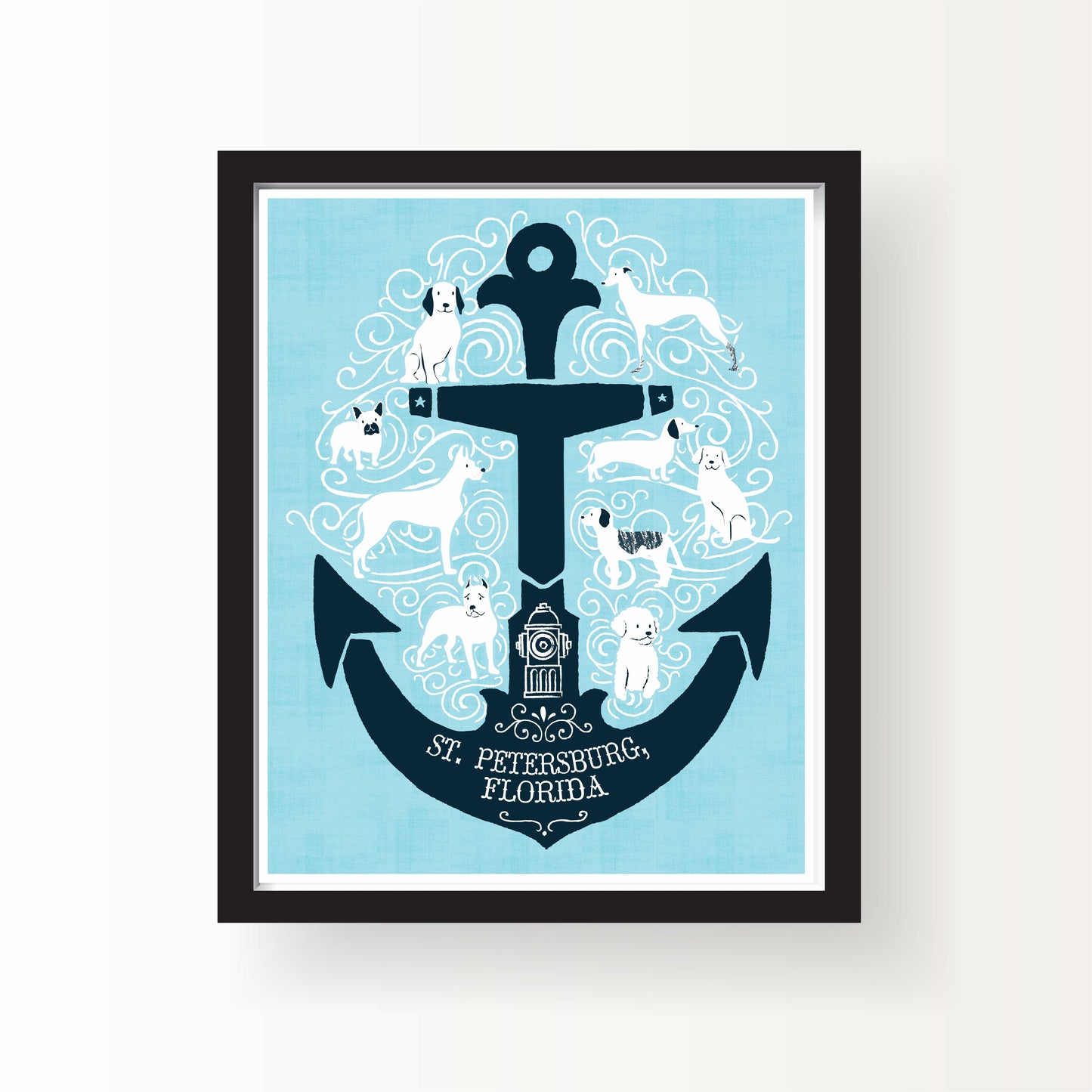 Illustration of a navy anchor filled with white dogs, swirly waves, and the text “St. Petersburg, Florida” on a light blue background.