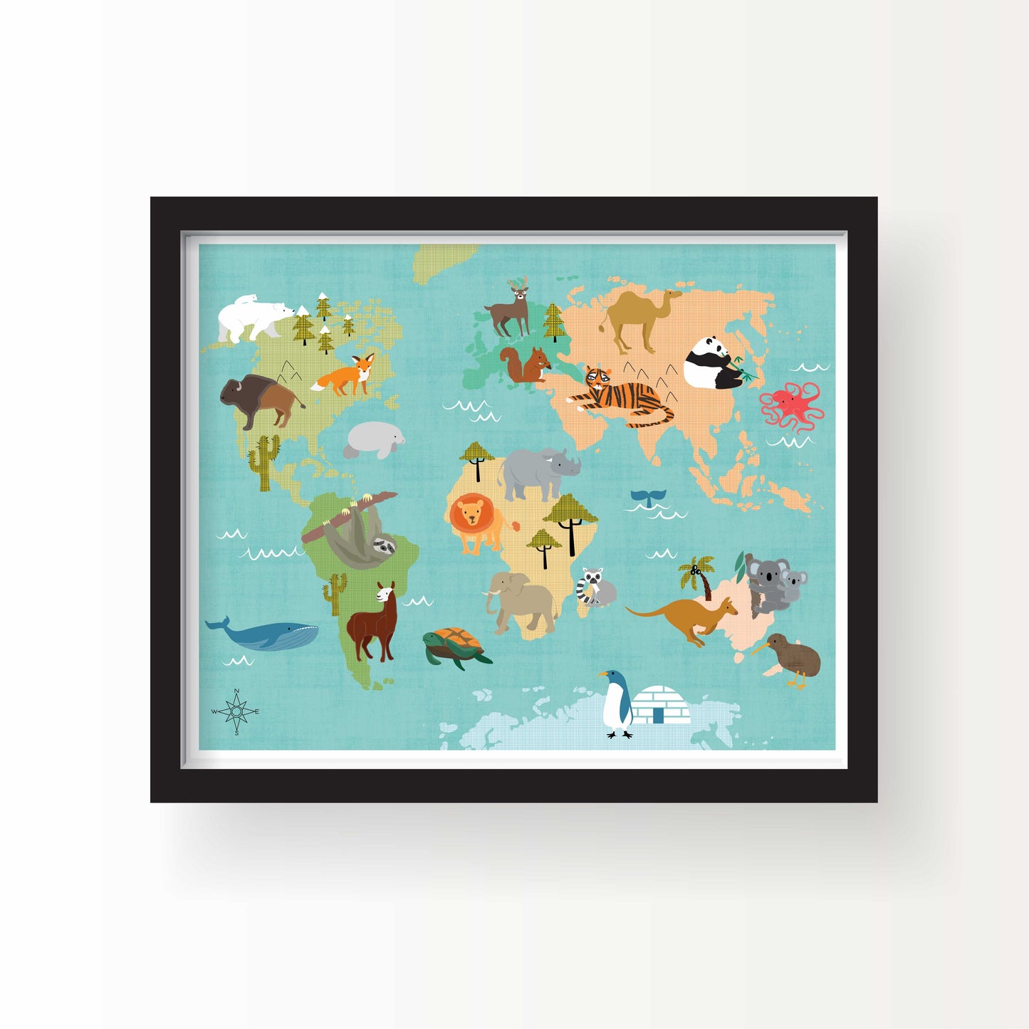 Illustrated world map featuring animals native to each continent, including a sloth, tiger, polar bear, koala, panda, penguin, and whale, on a soft blue background.