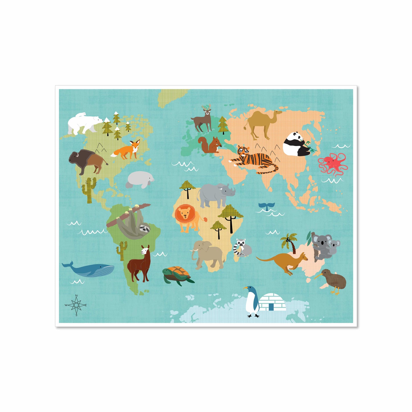 Illustrated world map featuring animals native to each continent, including a sloth, tiger, polar bear, koala, panda, penguin, and whale, on a soft blue background.