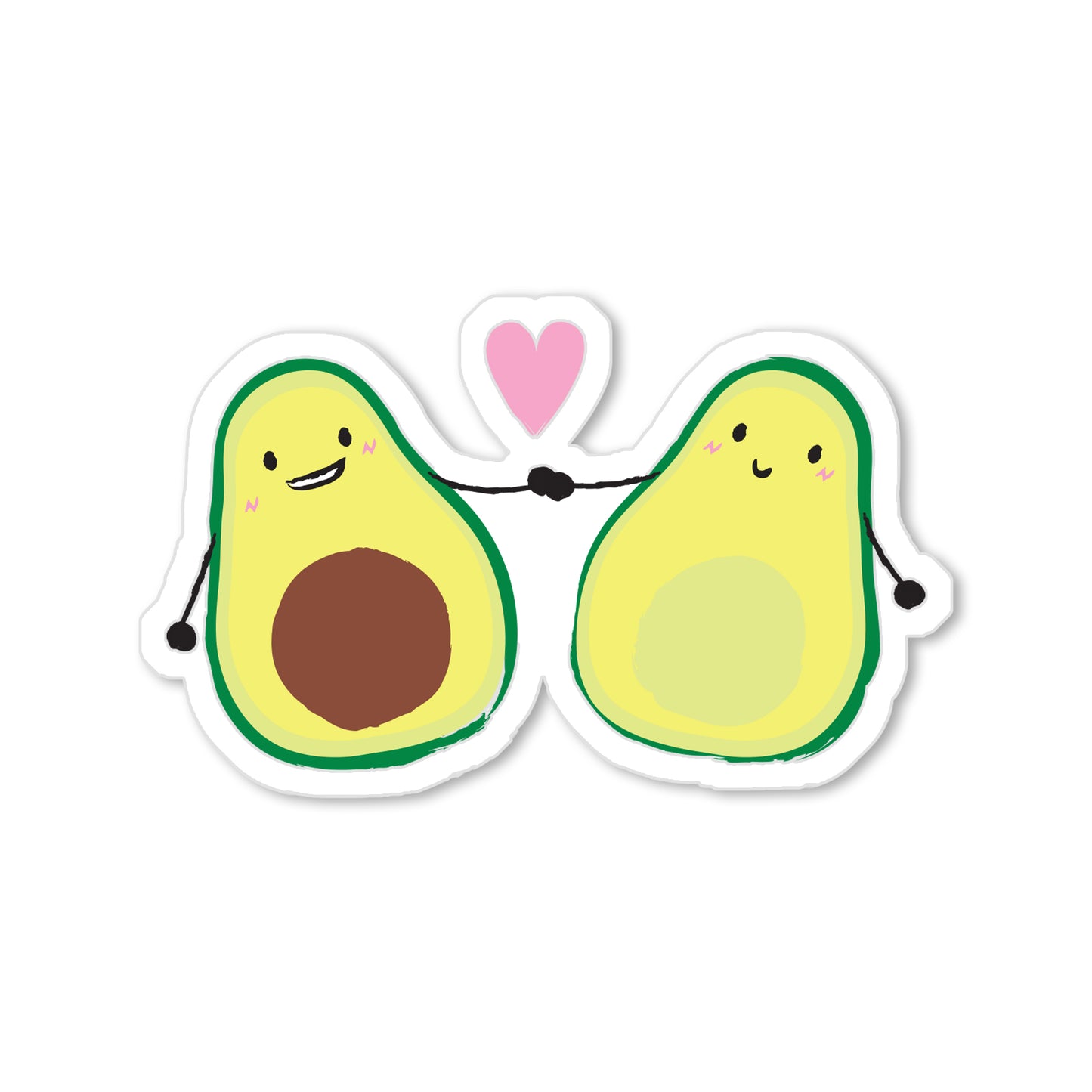 Avocado couple sticker with two avocado halves holding hands and pink heart, hand-drawn playful illustration