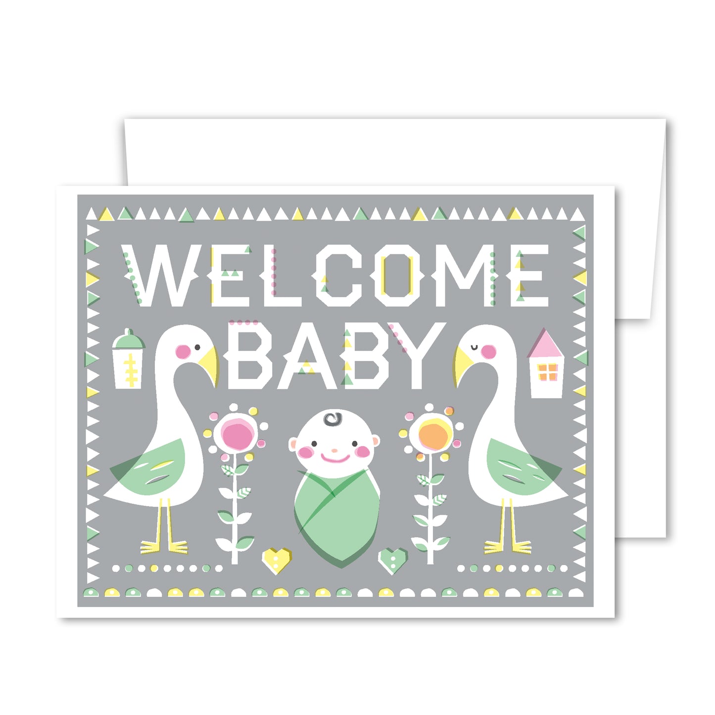 Illustrated pastel stork and baby greeting card with flowers and hearts, welcome newborn design