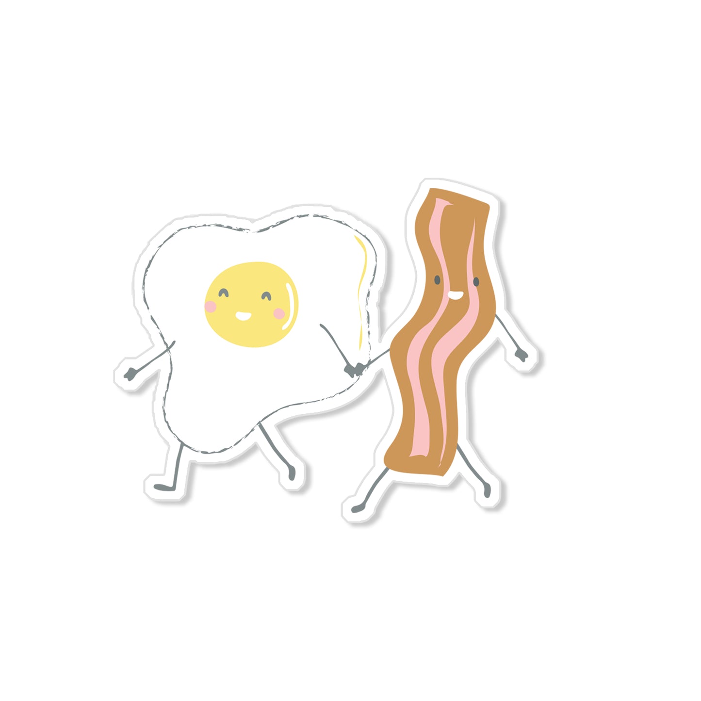 Bacon and egg sticker with smiling breakfast pair holding hands, humorous hand-drawn food illustration