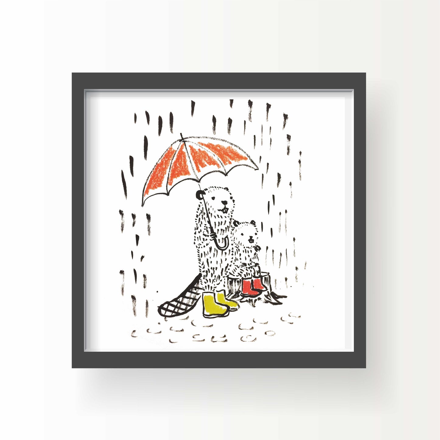 Illustration of two beavers standing in the rain under an orange umbrella wearing red and yellow boots – heartwarming 8x8 art print by Miss Johnny Squirrel