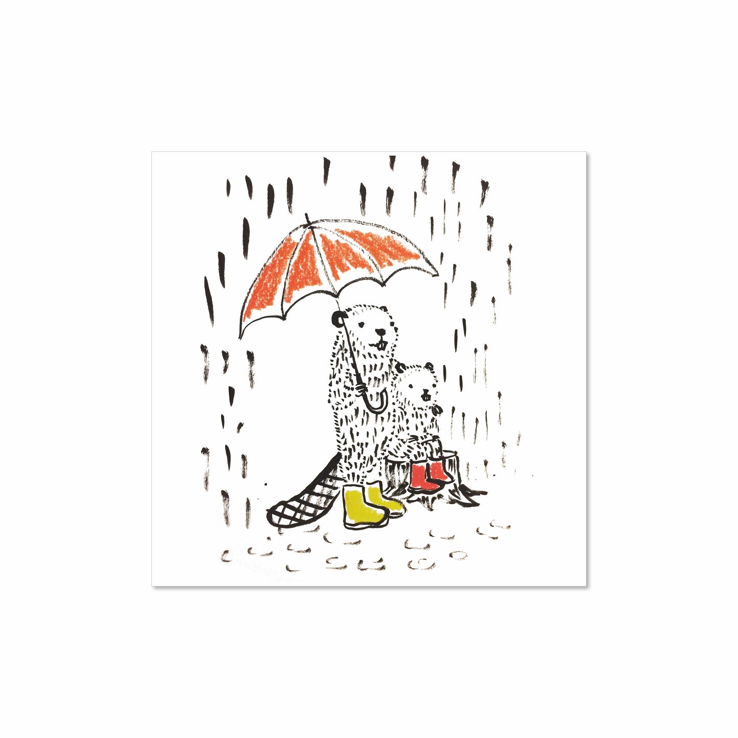 Illustration of two beavers standing in the rain under an orange umbrella wearing red and yellow boots – heartwarming 8x8 art print by Miss Johnny Squirrel