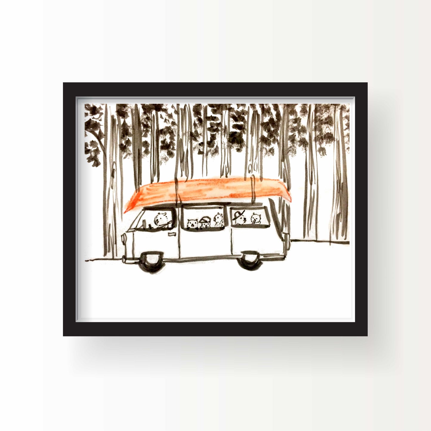 Illustration of a beaver family in a van driving through tall pine trees with a bright orange canoe on the roof, drawn in ink and watercolor.