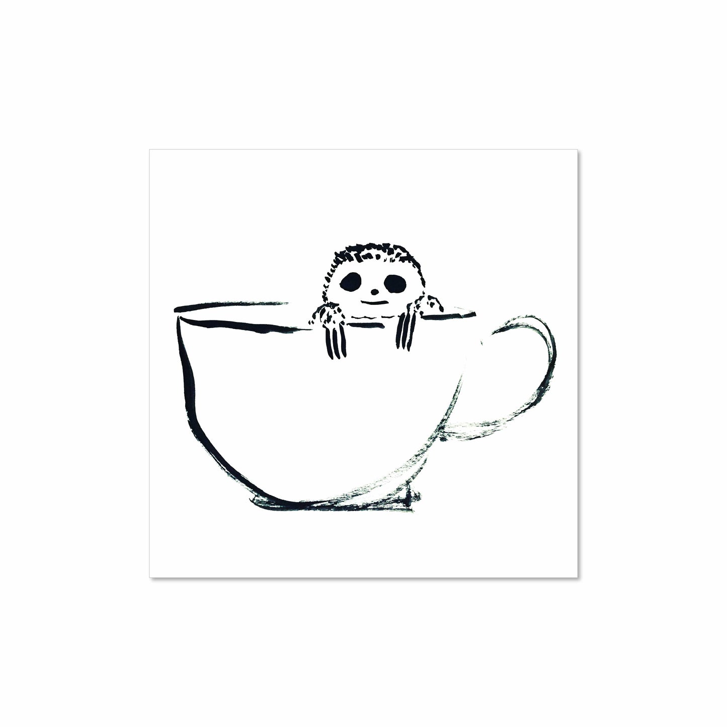 Black ink illustration of a small sloth peeking over the rim of a large coffee cup, drawn with loose brush strokes on a white background.