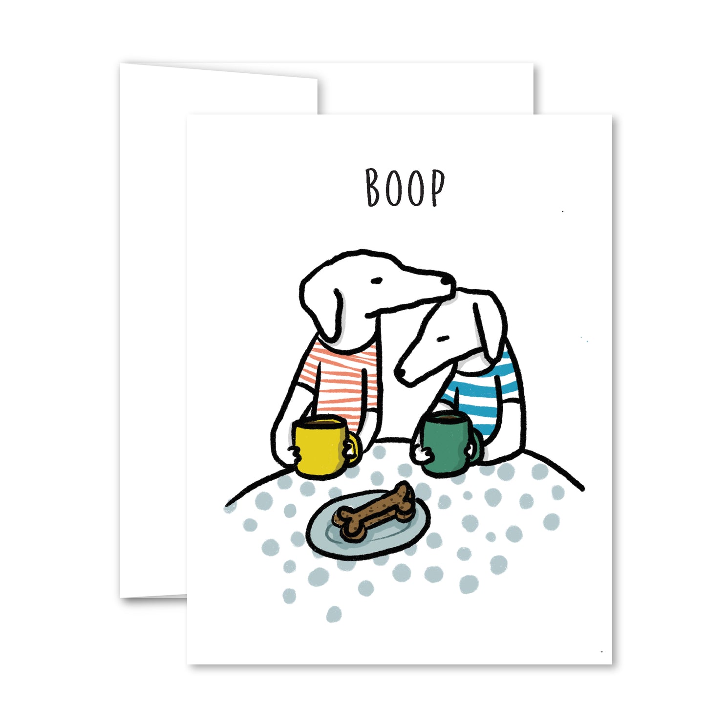 Illustrated two dogs in striped shirts with coffee mugs, one booping the other’s nose, “Boop” friendship greeting card