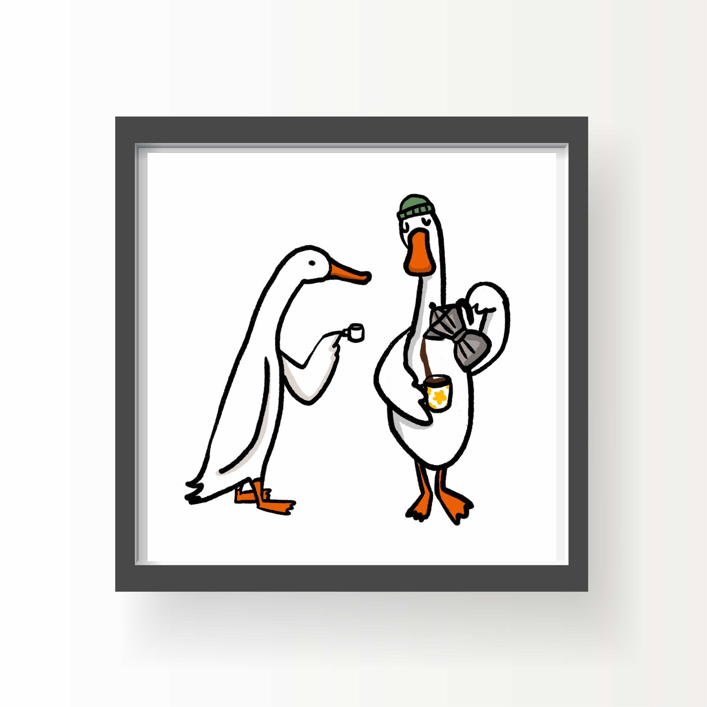 Illustrated ducks sipping coffee, one with a satchel and beanie, sharing a café moment – quirky and cozy 8x8 art print by Miss Johnny Squirrel