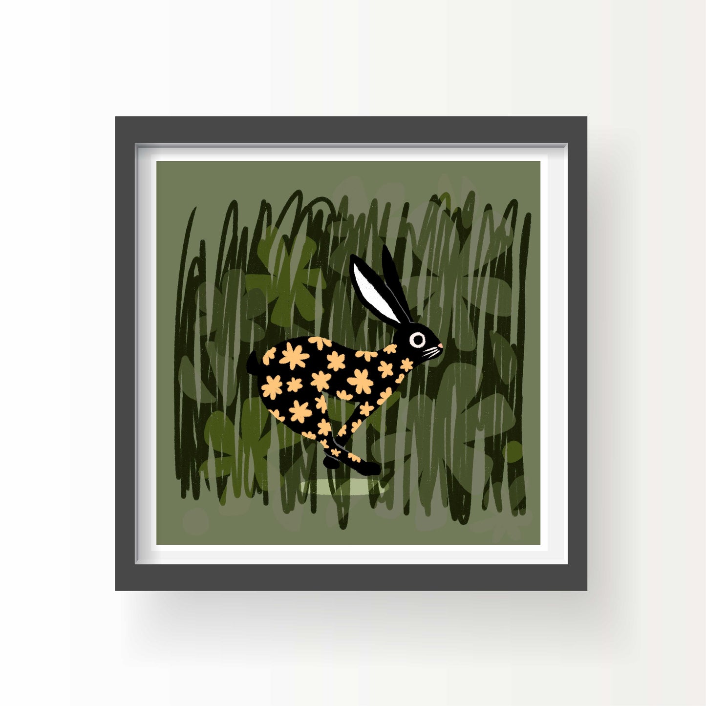 Illustrated black rabbit with golden flower pattern running through green grass, 8x8 art print by Miss Johnny Squirrel