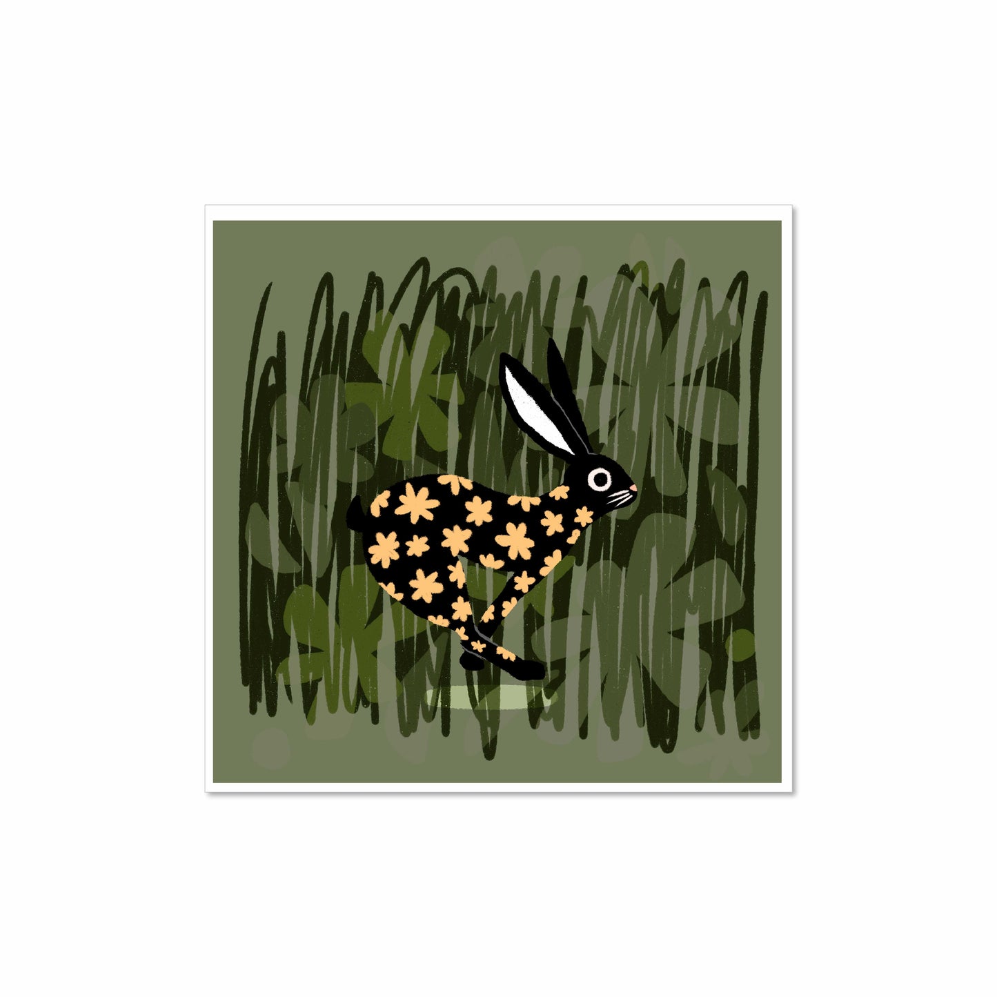 Illustrated black rabbit with golden flower pattern running through green grass, 8x8 art print by Miss Johnny Squirrel