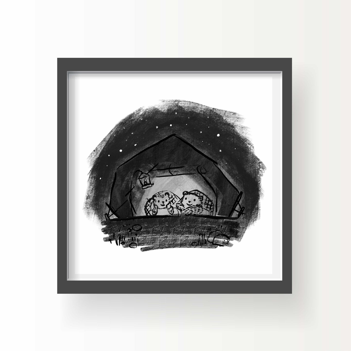 Illustration of two bears wrapped in blankets, sitting inside a tent or shelter lit by lanternlight under a starry night sky, in black and white ink style.