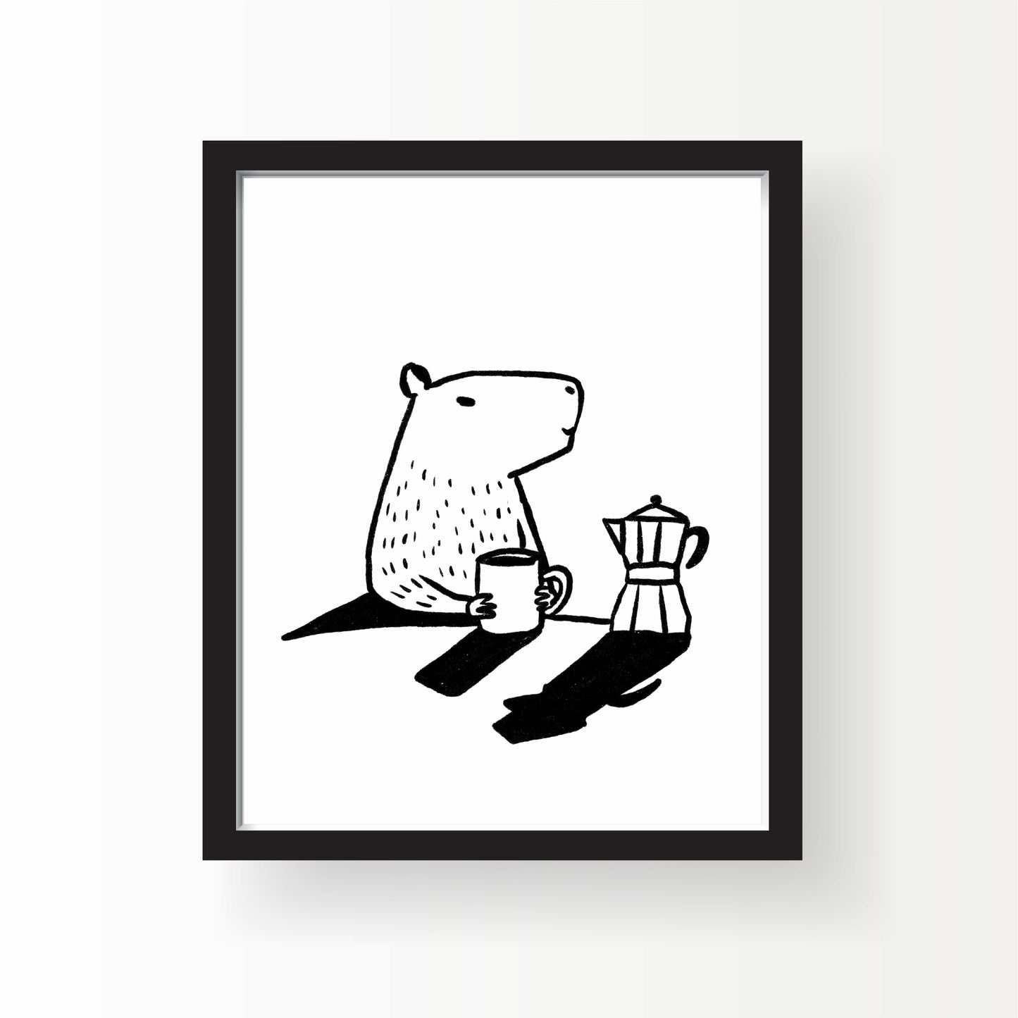 Black-and-white illustration of a capybara sitting with a coffee mug and moka pot on a white background, with long cast shadows.