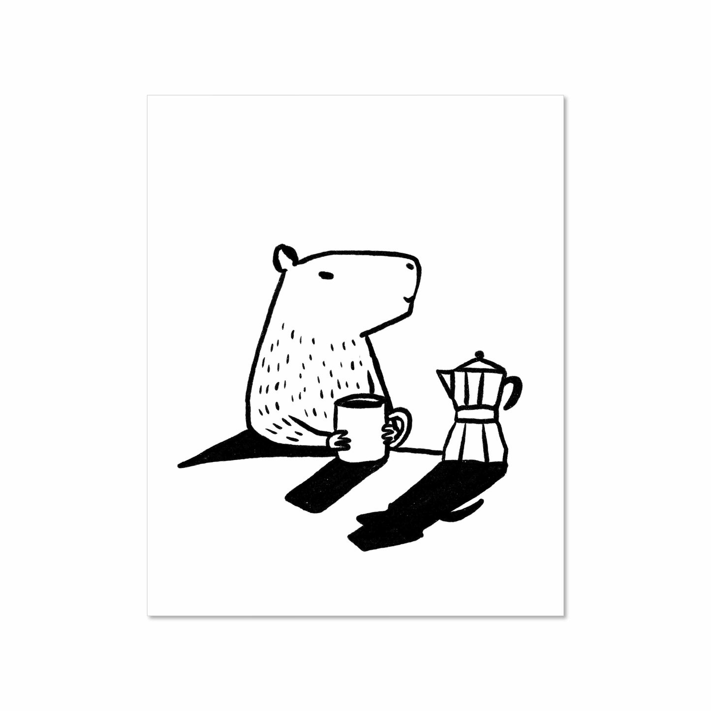 Black-and-white illustration of a capybara sitting with a coffee mug and moka pot on a white background, with long cast shadows.
