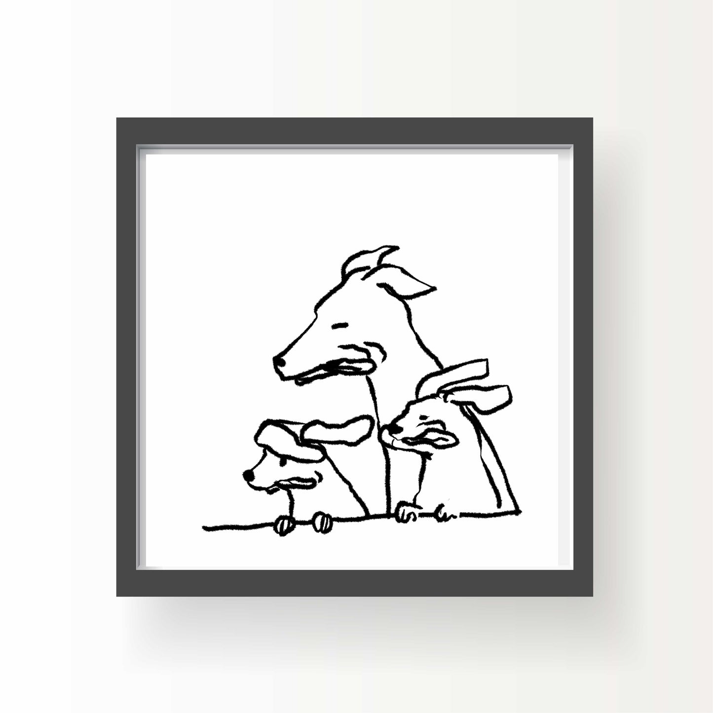 Minimal line drawing of three dogs leaning out a car window, ears back in the wind, 8x8 art print by Miss Johnny Squirrel
