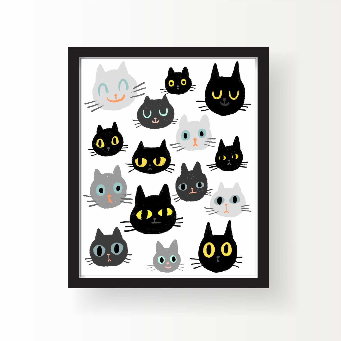Illustrated cat faces in various colors and expressions, 8x10 art print by Miss Johnny Squirrel